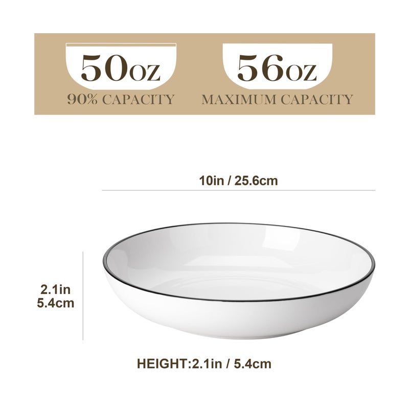 MALACASA 10" Large Pasta Bowls, 56 OZ White Salad Bowls Soup Bowls, Porcelain Serving Bowls Set of 4, Ivory White & Black Rim, Microwave & Dishwasher Safe, Series REGULAR - Image 2