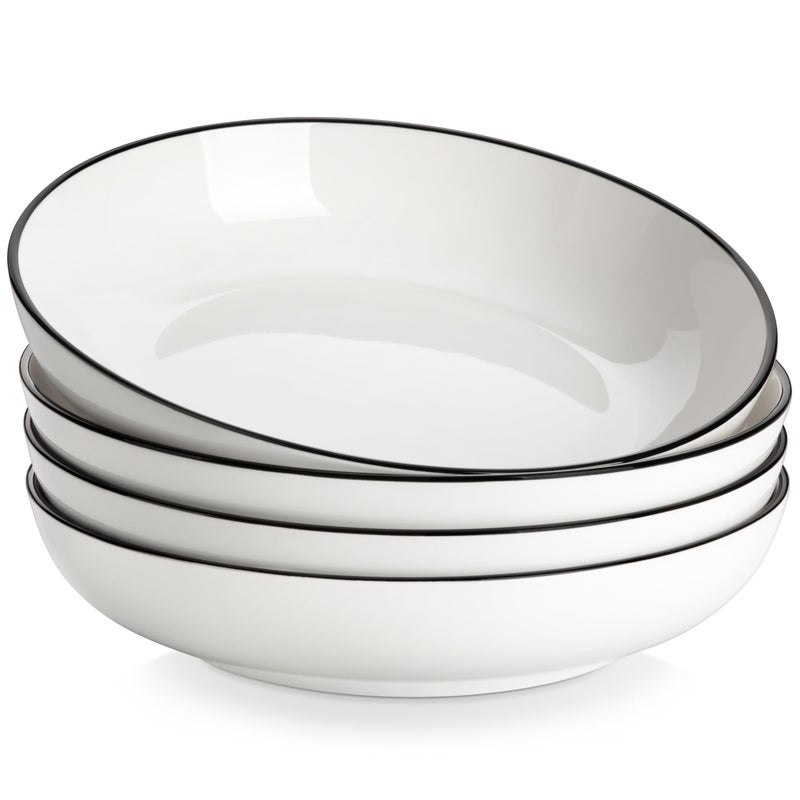 MALACASA 10" Large Pasta Bowls, 56 OZ White Salad Bowls Soup Bowls, Porcelain Serving Bowls Set of 4, Ivory White & Black Rim, Microwave & Dishwasher Safe, Series REGULAR - Image 1