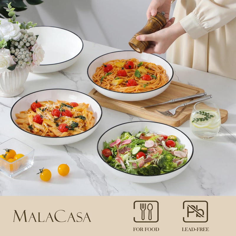 MALACASA 10" Large Pasta Bowls, 56 OZ White Salad Bowls Soup Bowls, Porcelain Serving Bowls Set of 4, Ivory White & Black Rim, Microwave & Dishwasher Safe, Series REGULAR - Image 3