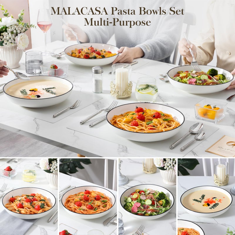 MALACASA 10" Large Pasta Bowls, 56 OZ White Salad Bowls Soup Bowls, Porcelain Serving Bowls Set of 4, Ivory White & Black Rim, Microwave & Dishwasher Safe, Series REGULAR - Image 5