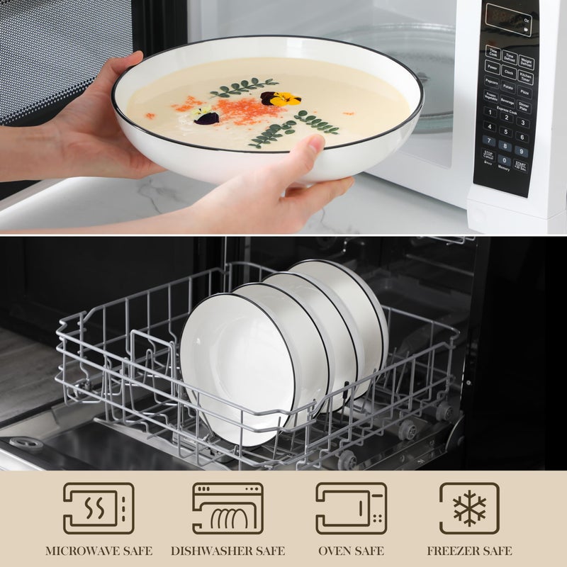 MALACASA 10" Large Pasta Bowls, 56 OZ White Salad Bowls Soup Bowls, Porcelain Serving Bowls Set of 4, Ivory White & Black Rim, Microwave & Dishwasher Safe, Series REGULAR - Image 4