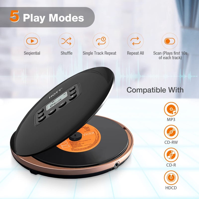HOTT CD711T Bluetooth Rechargeable Portable CD Player for Home Travel and Car with Stereo Headphones and, Anti Shock Protection-Black - Image 2