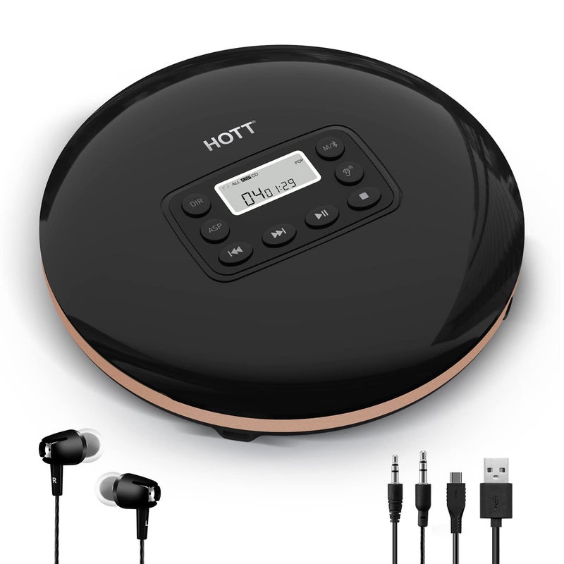 HOTT CD711T Bluetooth Rechargeable Portable CD Player for Home Travel and Car with Stereo Headphones and, Anti Shock Protection-Black - Image 1
