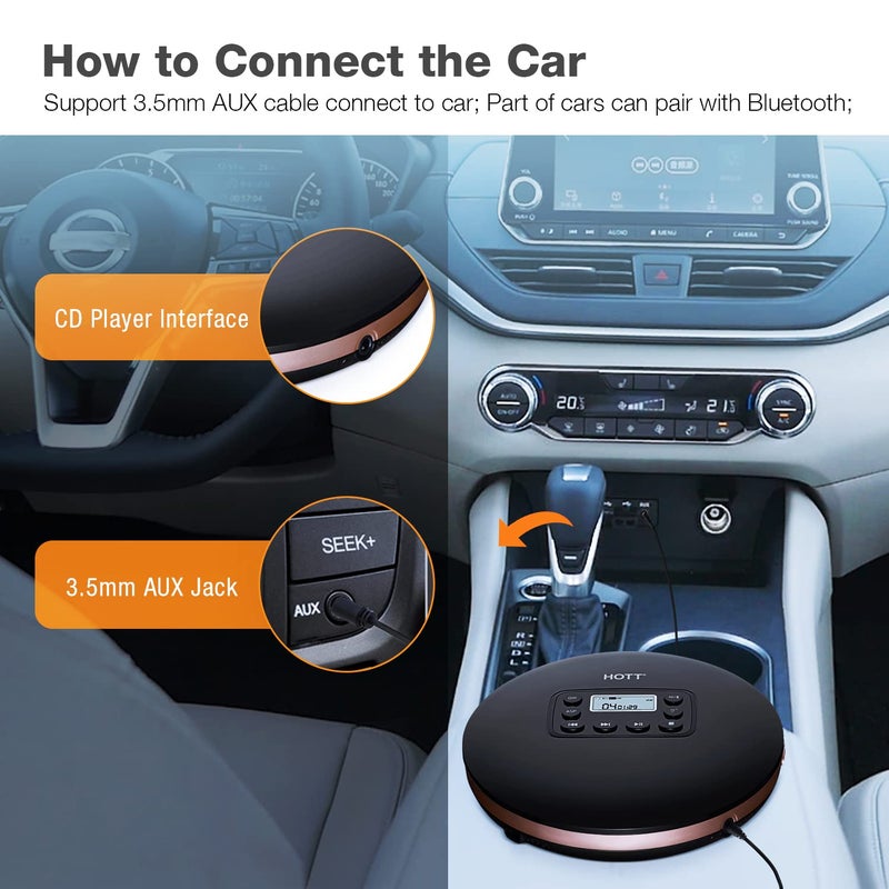 HOTT CD711T Bluetooth Rechargeable Portable CD Player for Home Travel and Car with Stereo Headphones and, Anti Shock Protection-Black - Image 4