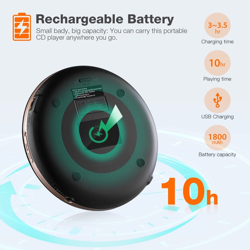 HOTT CD711T Bluetooth Rechargeable Portable CD Player for Home Travel and Car with Stereo Headphones and, Anti Shock Protection-Black - Image 3