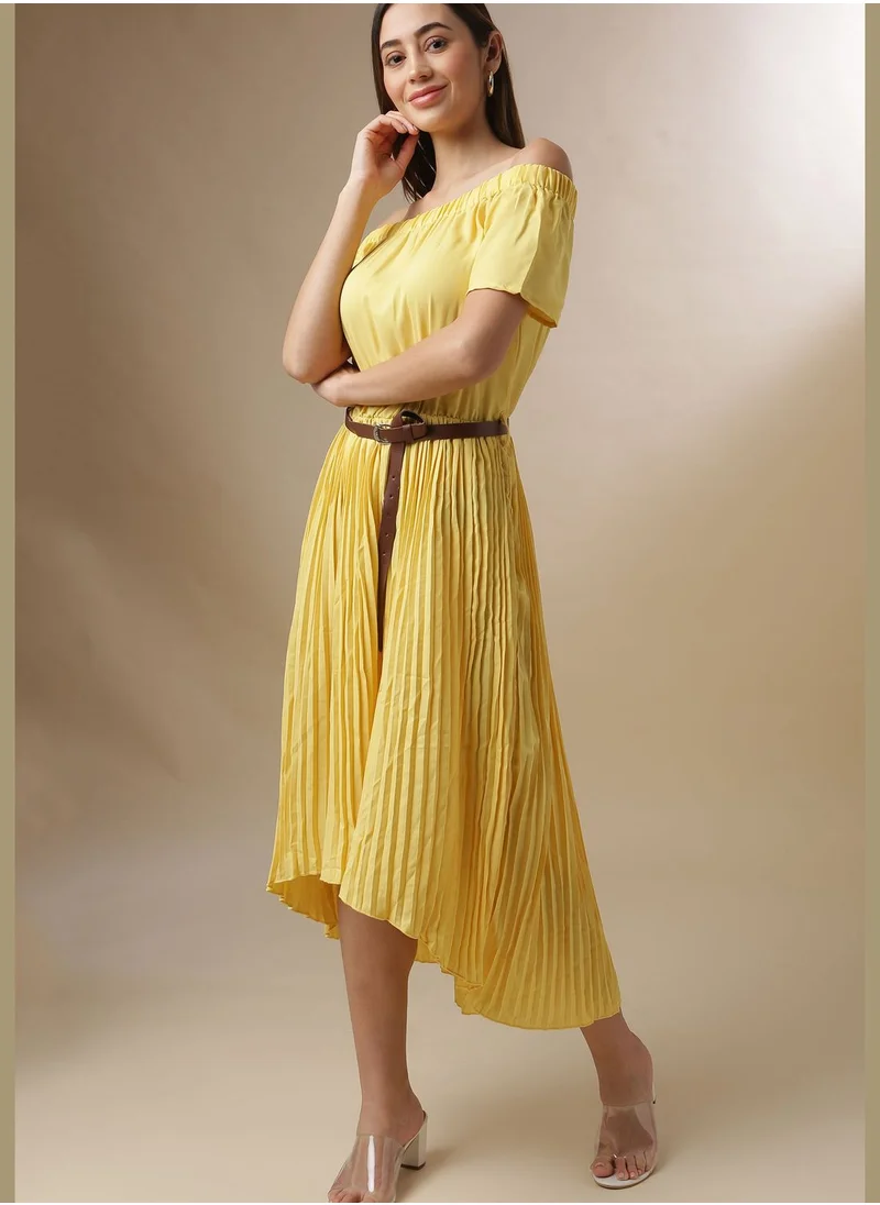 Campus Sutra Cold Shoulder Pleated Dress