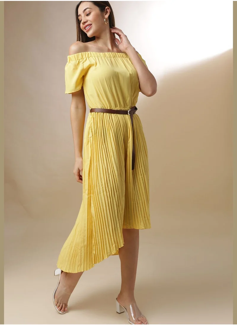Campus Sutra Cold Shoulder Pleated Dress
