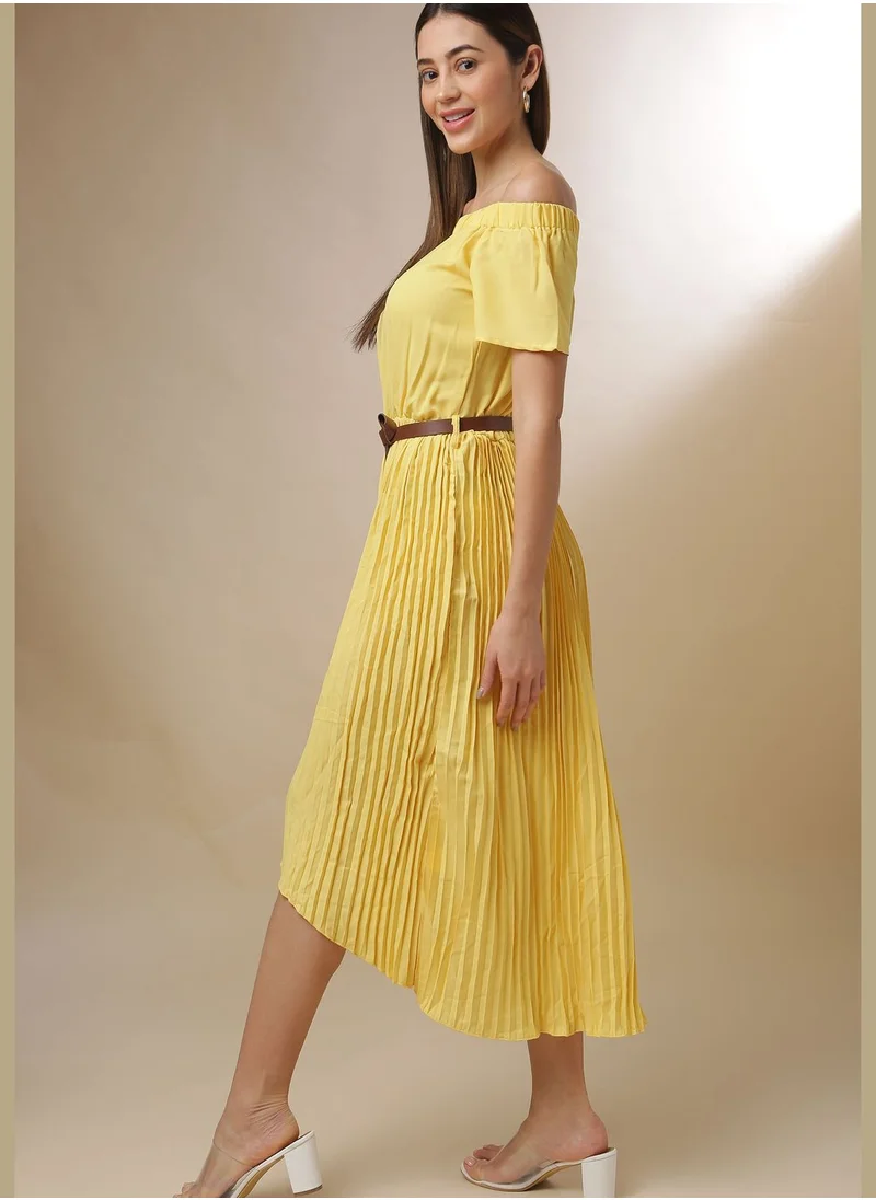 Campus Sutra Cold Shoulder Pleated Dress