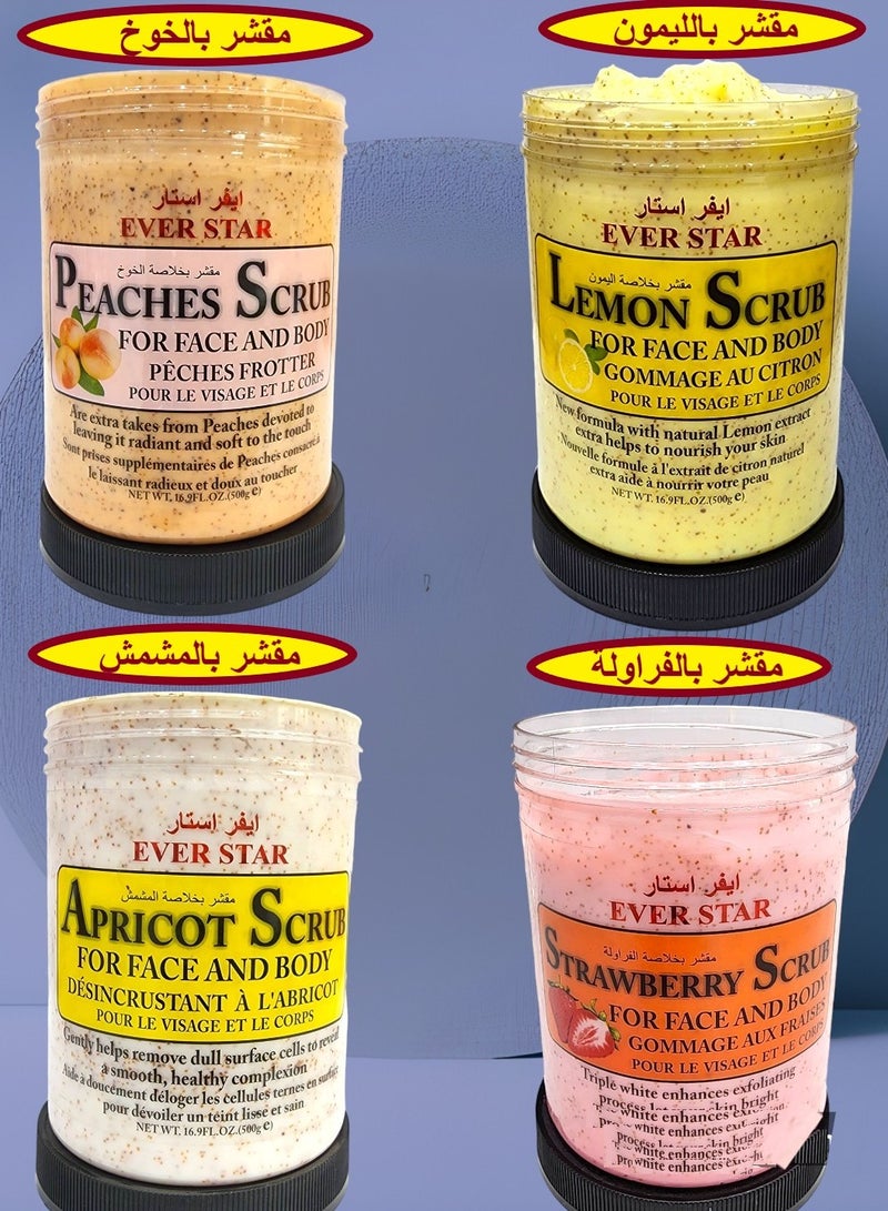 Ever star Peaches Body  Scrub 500 G + Lemon Body  Scrub 500 G + With Apricot Extract Body  Scrub 500 G  + Strawberry  Body Scrub 500 G 4 Pieces - Image 1