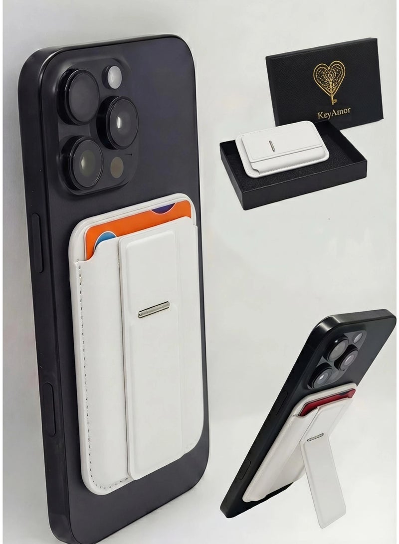 كيامور محفظة MagSafe مع حامل، حافظة بطاقات مغناطيسية أقوى متوافقة مع سلسلة iPhone 16/15/14/13/12، محفظة هاتف جلدية فاخرة مع تقنية حجب RFID، فتحة واحدة، تتسع لخمسة بطاقات، باللون الأبيض - Image 1