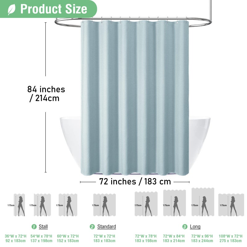 Dynamene Extra Long Shower Curtain - 84 Inch Long Fog Blue Waffle Weave Heavy Duty Fabric Bathroom Shower Curtain  Neutral Weighted Hotel Thick Bath Curtain Set with 12 Plastic Hooks 72x84  Fog Blue - Image 4