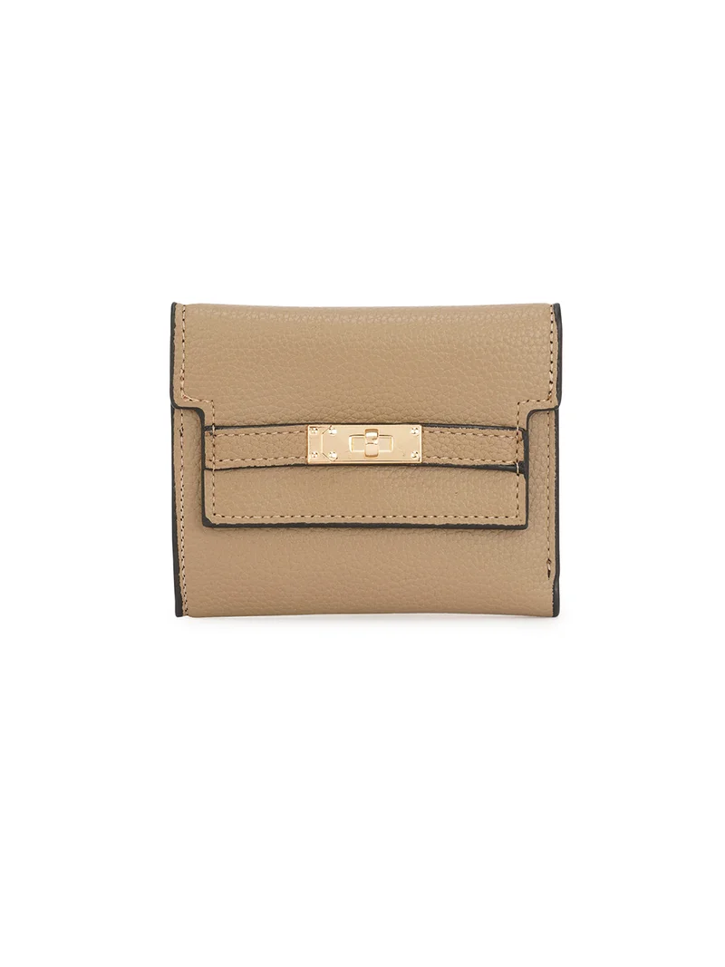 Globus Women Taupe Vegan Leather Textured Twist Lock Detail Bi-Fold Wallet