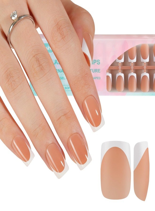 Misssix French Gel Nail Tips, 160Pcs French Tip Press on Nails Short Square Brown, No Need to File Tips Pre-lasting, Fake Nails for Nail Art DIY 16 Sizes - Image 1