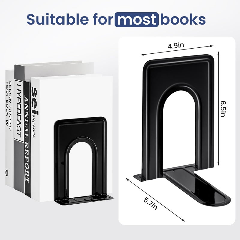 HappyHapi Book Ends, Book Ends Metal Bookends for Shelves,14 Pcs Book End to Hold Books Heavy Duty,Black Non-Skid Bookend,Book Holder Stopper for Shelf Office Home,6.5 x 5.7 x 4.9(7 Pairs, Large) - Image 3