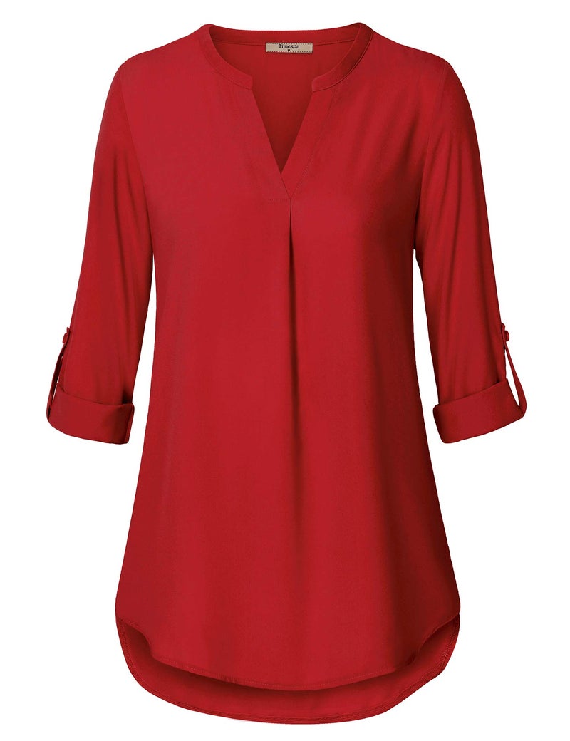 Timeson Women's Office Wear Tops and Blouses Ladies Fashion Business Work Chiffon Blouse Shirs 3/4 Sleeve Tunics Tops Casual Linen Maternity Sheer Loose Dressy Blouse Tops for Leggings Red - Image 2