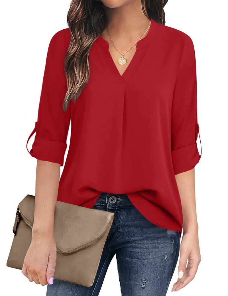 Timeson Women's Office Wear Tops and Blouses Ladies Fashion Business Work Chiffon Blouse Shirs 3/4 Sleeve Tunics Tops Casual Linen Maternity Sheer Loose Dressy Blouse Tops for Leggings Red - Image 1
