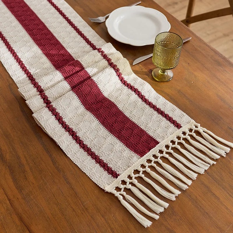 Y&D Luxury Red Table Runner – Hot Selling Woven Cotton Polyester Decorative Tablecloth with Tassels for Dining, Kitchen, and Party Tables - Image 3