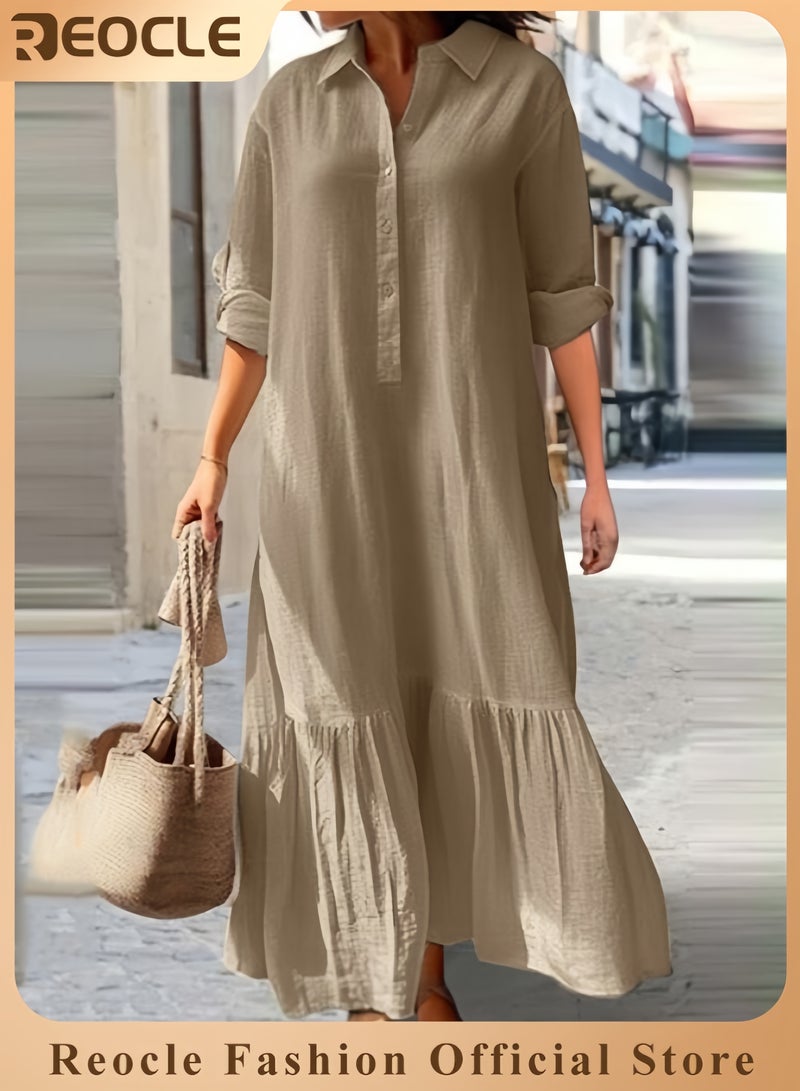 ريوكل فستان نسائي بأزرار للأسفل، فستان كاجوال من القطن والكتان بأكمام طويلة، فستان قميص فضفاض بكشكشة، فستان طويل مريح - Image 1