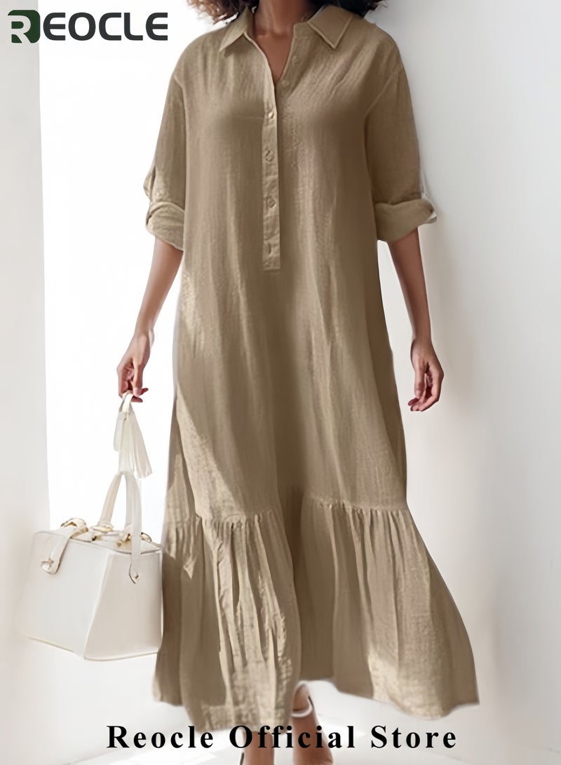 ريوكل فستان نسائي بأزرار للأسفل، فستان كاجوال من القطن والكتان بأكمام طويلة، فستان قميص فضفاض بكشكشة، فستان طويل مريح - Image 3