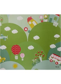 Süper Dekor Super Decor Halley Kids 10-2 Green View Hot Air Balloon and Village Pattern Wallpaper 