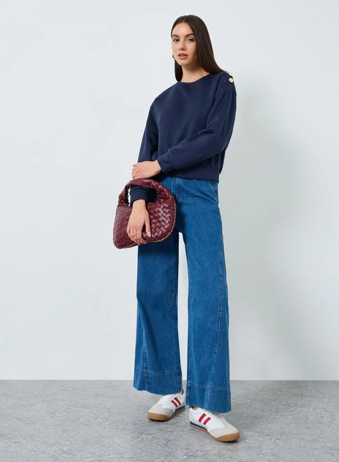 Styli Navy Blue Regular Fit Sweatshirt with Shoulder Buttons