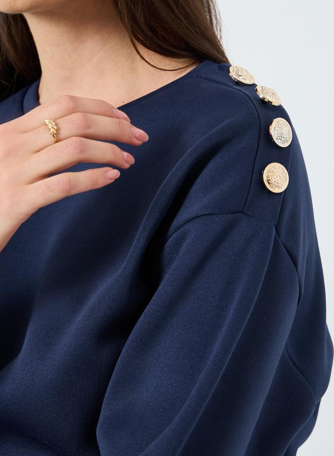Styli Navy Blue Regular Fit Sweatshirt with Shoulder Buttons - Image 3