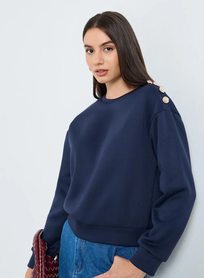 Styli Navy Blue Regular Fit Sweatshirt with Shoulder Buttons