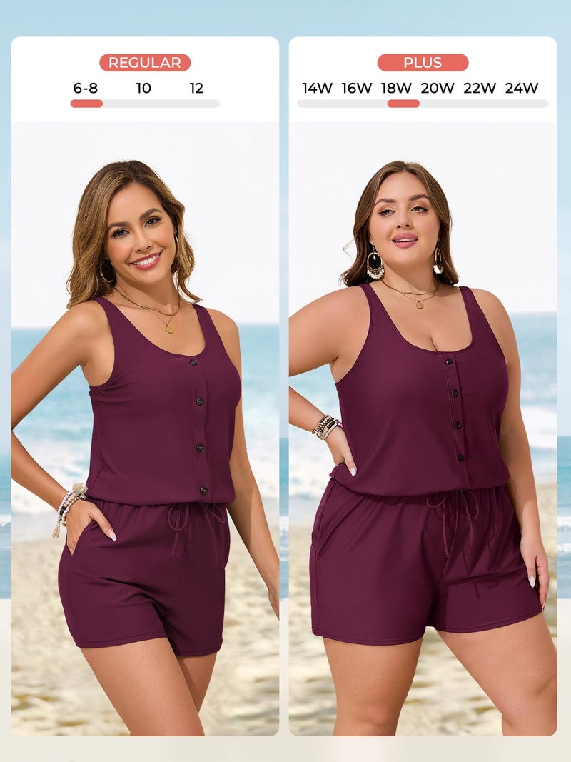 Summer Mae Plus Size Swim Romper One Piece Swimsuit Women Blouson Bathing Suit with Pockets 2026 Modest Swimwear Purplish Red 18 Plus - Image 4