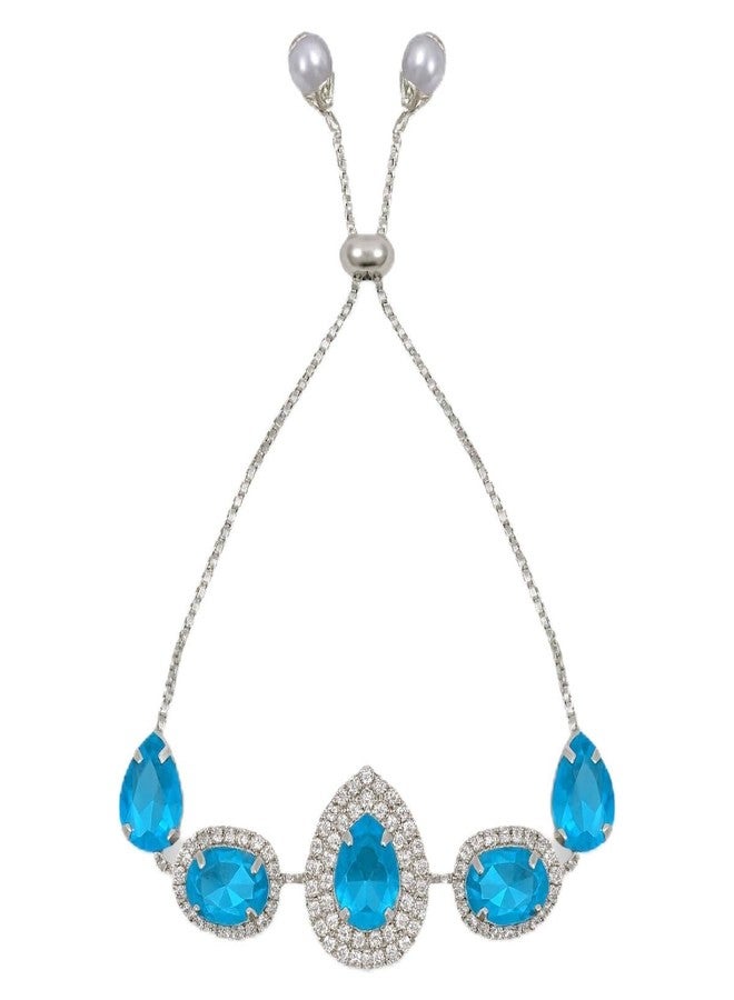 ACCESSHER Women's & Girls Silver-Tone Sky-Blue Teardrop Crystal Adjustable Bracelet Stylish Charm Chain Bracelet, Aesthetic Hand Accessories Jewellery Valentine’s Gift - Image 1