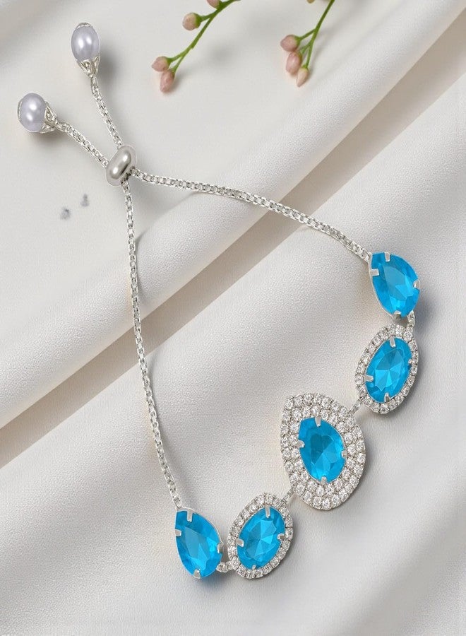 ACCESSHER Women's & Girls Silver-Tone Sky-Blue Teardrop Crystal Adjustable Bracelet Stylish Charm Chain Bracelet, Aesthetic Hand Accessories Jewellery Valentine’s Gift - Image 3