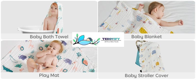 TEDDYIFY Baby Bath Towel,100% Cotton Muslin Baby Hooded Towels, Super Absorbent Towels for Newborn, Infants 82*82CM, White (Assorted prints as per availability) (Pack of 1 Muslin towel with wrapper) - Image 2