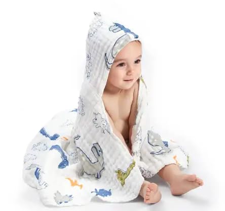 TEDDYIFY Baby Bath Towel,100% Cotton Muslin Baby Hooded Towels, Super Absorbent Towels for Newborn, Infants 82*82CM, White (Assorted prints as per availability) (Pack of 1 Muslin towel with wrapper) - Image 1