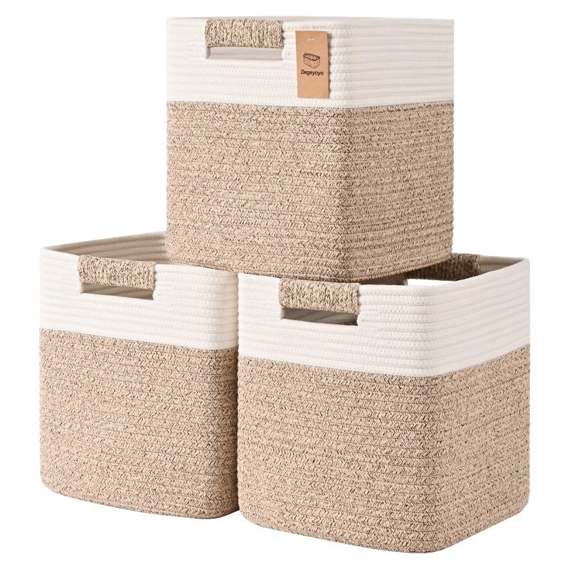Degeyoyo 13 Inch Storage Cubes, 3 Pack Cube Storage Bins for Organizing, Cotton Rope Woven Baskets for Shelves, Bathroom, Kids Room, Closets, Baby Nursery - Image 1