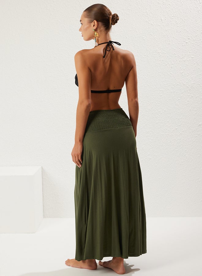 trendyol Khaki Maxi Knitted Slit Tie Detail Beach Skirt  - Image 5