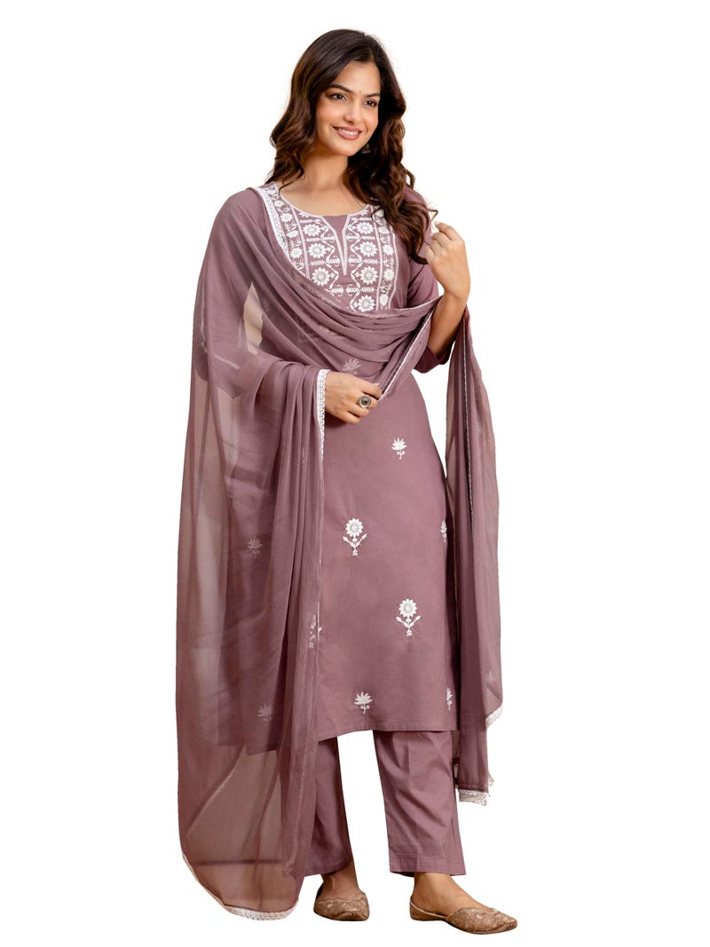 TRENDMALLS Women's Cambric Cotton Embroidery Kurta Pant with Dupatta Set (G367-DarkPeach-L) - Image 1