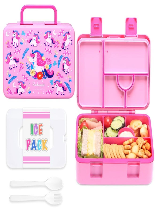 rockpapa 5 Compartment Bento Lunch Box with Ice Pack for Kids, Leak Proof, Dishwasher Safe, BPA Free Materials, 47oz Snack Bento Box with Utensils & Handle for Boys Girls Ages 3+ (Pink Unicorn) - Image 1