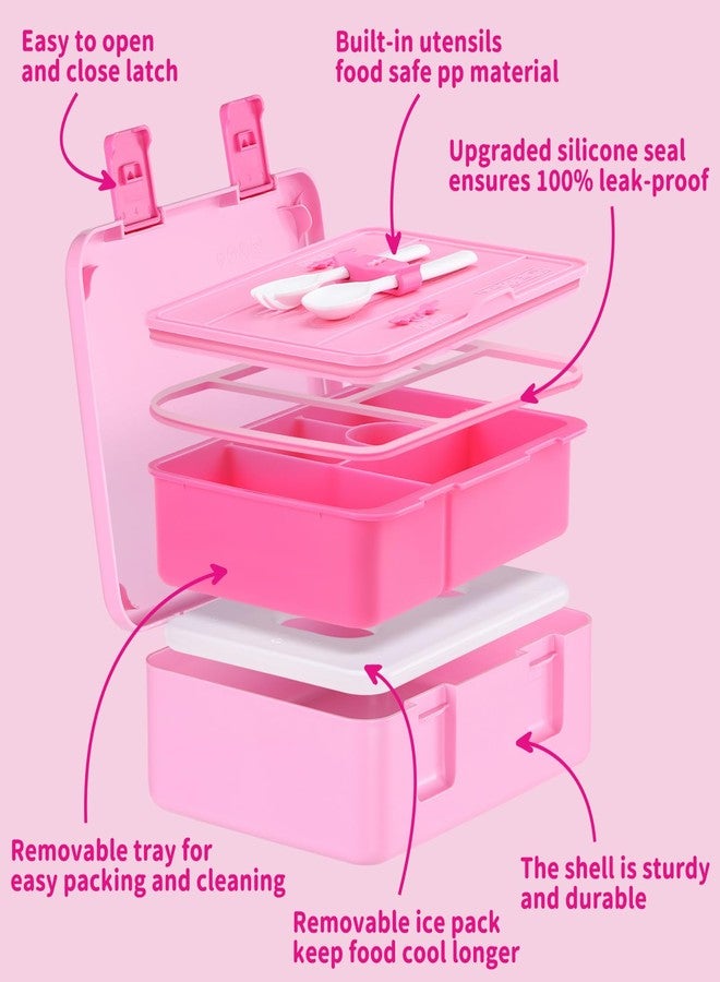 rockpapa 5 Compartment Bento Lunch Box with Ice Pack for Kids, Leak Proof, Dishwasher Safe, BPA Free Materials, 47oz Snack Bento Box with Utensils & Handle for Boys Girls Ages 3+ (Pink Unicorn) - Image 3