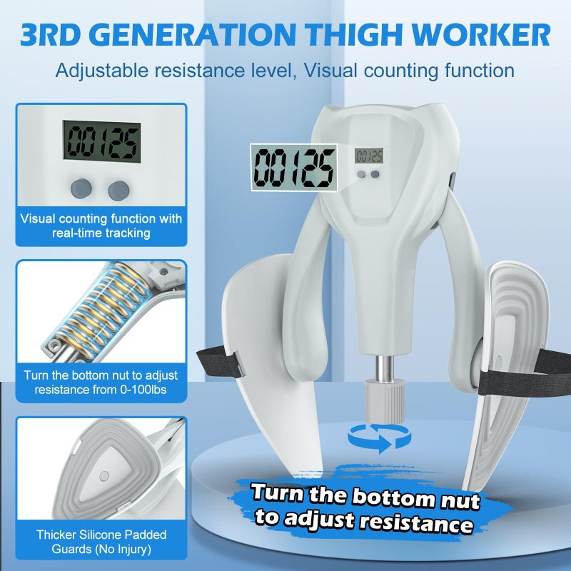 Thighaction 3rd Gen Thigh-Train 0-100 lbs Adjustable Resistance Inner Thigh-Train Exercising Counter with Leg Straps Band Pelvic Floor Kegel Hip Exercise Workout Equipment Pilates Women Men (White) - Image 2