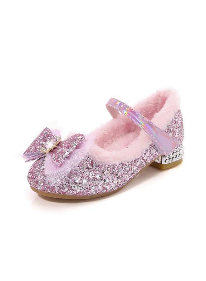 Girls High Heels Women's Treasure Crystal Shoes Winter New Children Velvet Shoes Fashion Bow Princess Elsa Shoes