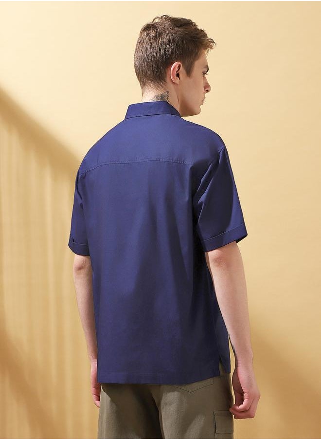 Dennis Lingo Men's Navy 100% Cotton Solid Pattern Button Down Relaxed Shirt  - Image 3
