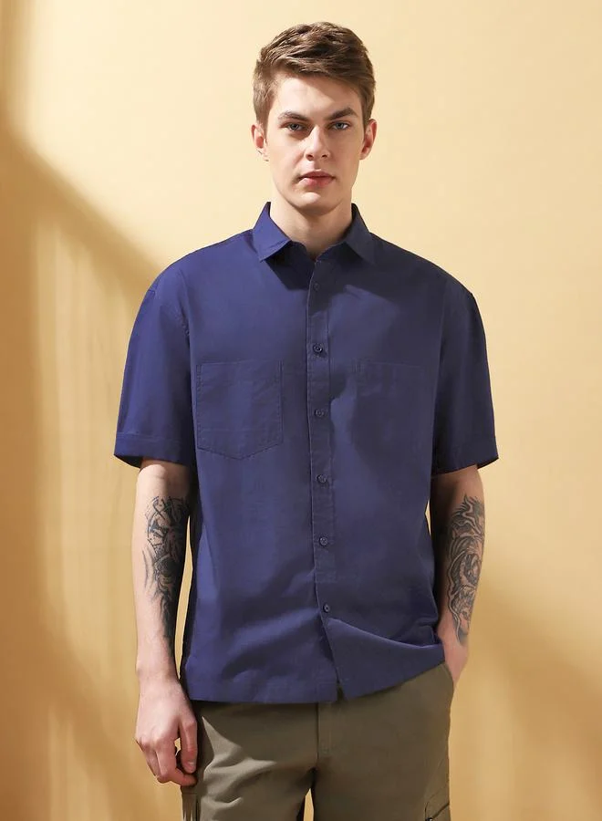 Dennis Lingo Men's Navy 100% Cotton Solid Pattern Button Down Relaxed Shirt