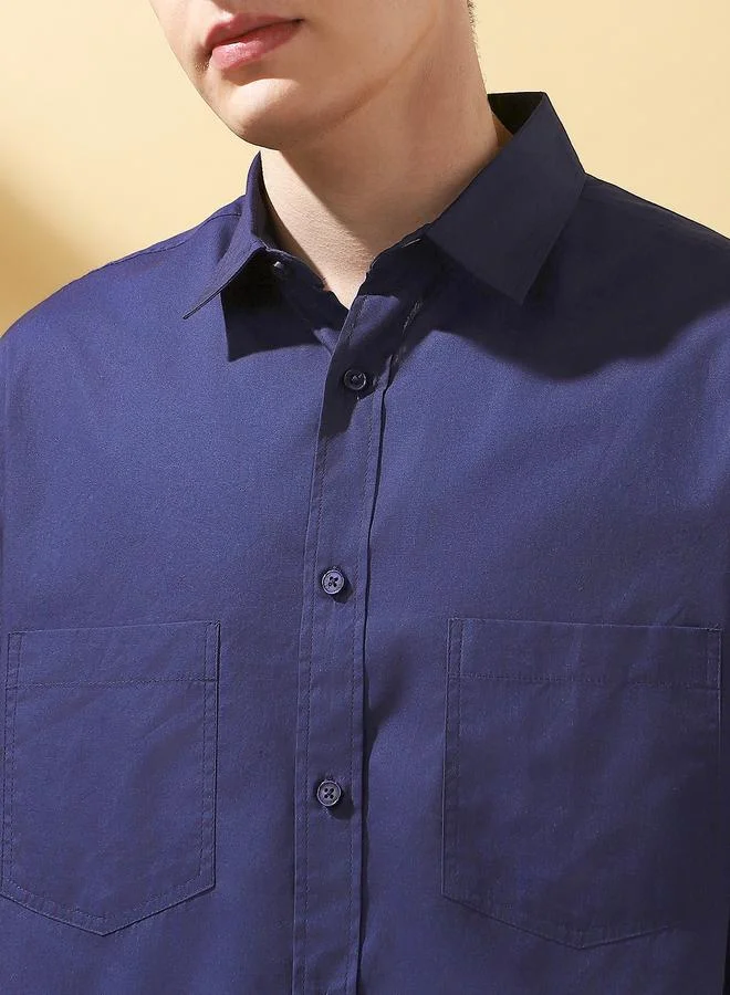 Dennis Lingo Men's Navy 100% Cotton Solid Pattern Button Down Relaxed Shirt