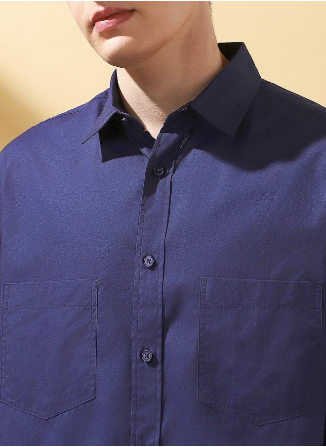 Dennis Lingo Men's Navy 100% Cotton Solid Pattern Button Down Relaxed Shirt  - Image 5