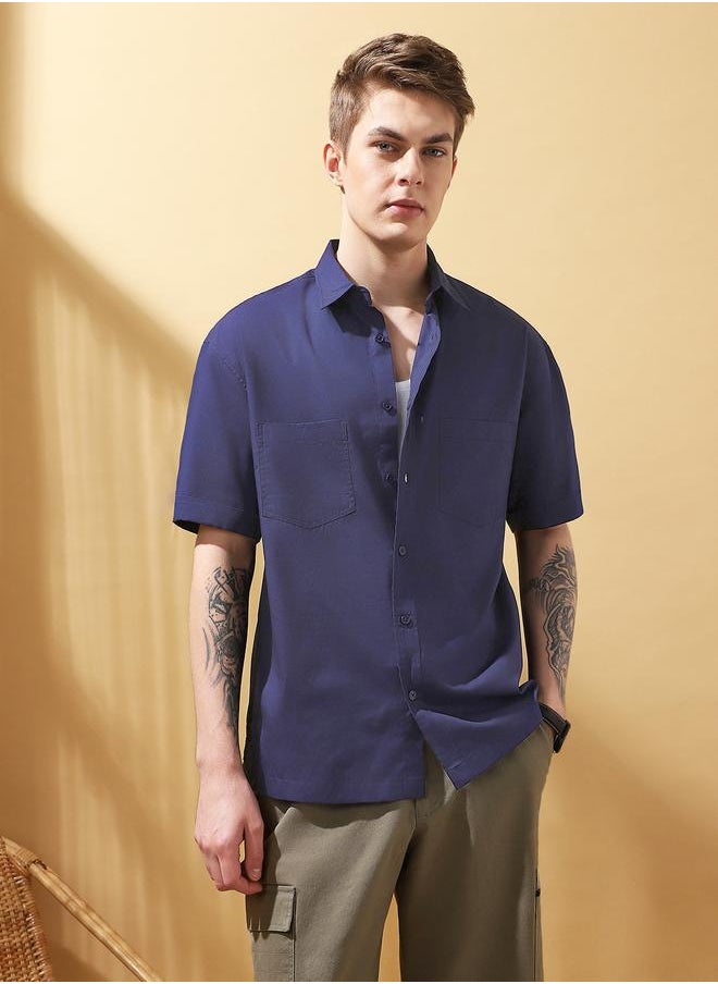Dennis Lingo Men's Navy 100% Cotton Solid Pattern Button Down Relaxed Shirt  - Image 2
