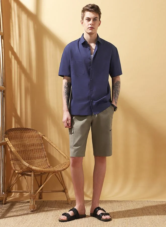 Dennis Lingo Men's Navy 100% Cotton Solid Pattern Button Down Relaxed Shirt