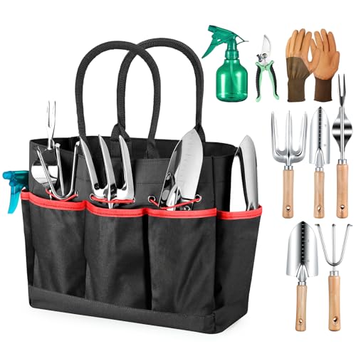 Grenebo Garden Tools 9Piece Heavy Duty Gardening Hand Tools with Fashion and Durable Garden Tools Organizer Handbag RustProof Garden Tools Set Ideal Gardening Gifts for Women Black Red - Image 1