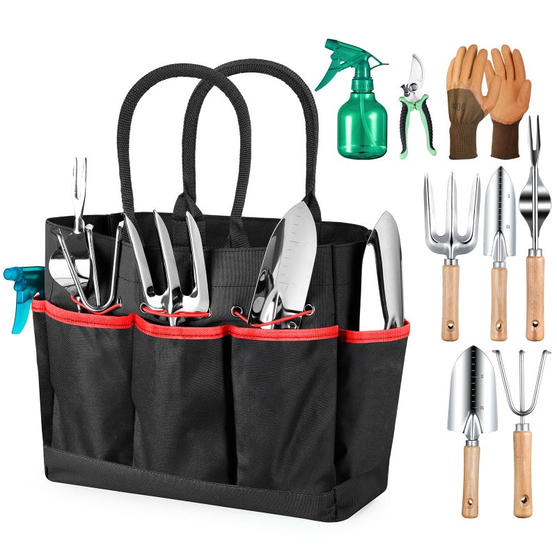 Grenebo Garden Tools 9Piece Heavy Duty Gardening Hand Tools with Fashion and Durable Garden Tools Organizer Handbag RustProof Garden Tools Set Ideal Gardening Gifts for Women Black Red - Image 2