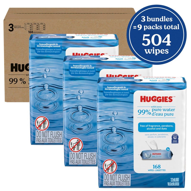 HUGGIES مناديل هاجيز للأطفال 99% ماء نقي، بدون رائحة، 9 عبوات قابلة للفتح (3 عبوات من 3)، 504 مناديل إجمالاً، قد يختلف التغليف - Image 2