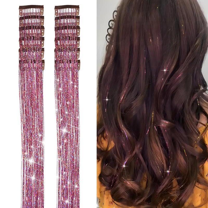 YOOONXI 12Pcs Hair Tinsel Clip in 196Inch Glitter Tinsel Hair Extensions Clip in Hair Tinsel Kit Heat Resistant Shiny Sparkle Fairy Hair Accessories for Women Girls Kids Pink