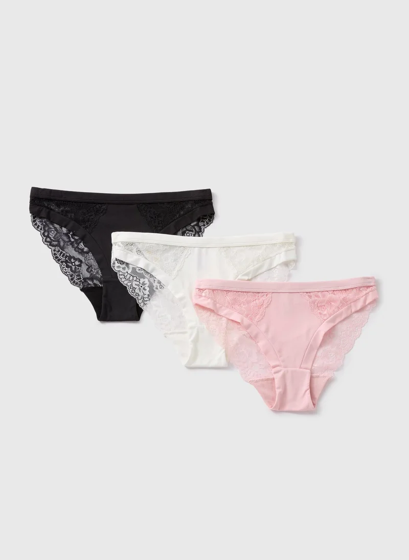 Matalan 3 Pack Pink Cream & Black Lace High Leg Knickers